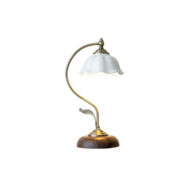 Zeitgenössische Retro Massivholz Metall Stoff Zylinder Gedruckt Blume 1-Licht Tischlampe Für Schlafzimmer 