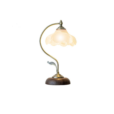 Zeitgenössische Retro Massivholz Metall Stoff Zylinder Gedruckt Blume 1-Licht Tischlampe Für Schlafzimmer 