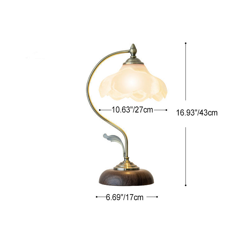 Zeitgenössische Retro Massivholz Metall Stoff Zylinder Gedruckt Blume 1-Licht Tischlampe Für Schlafzimmer 