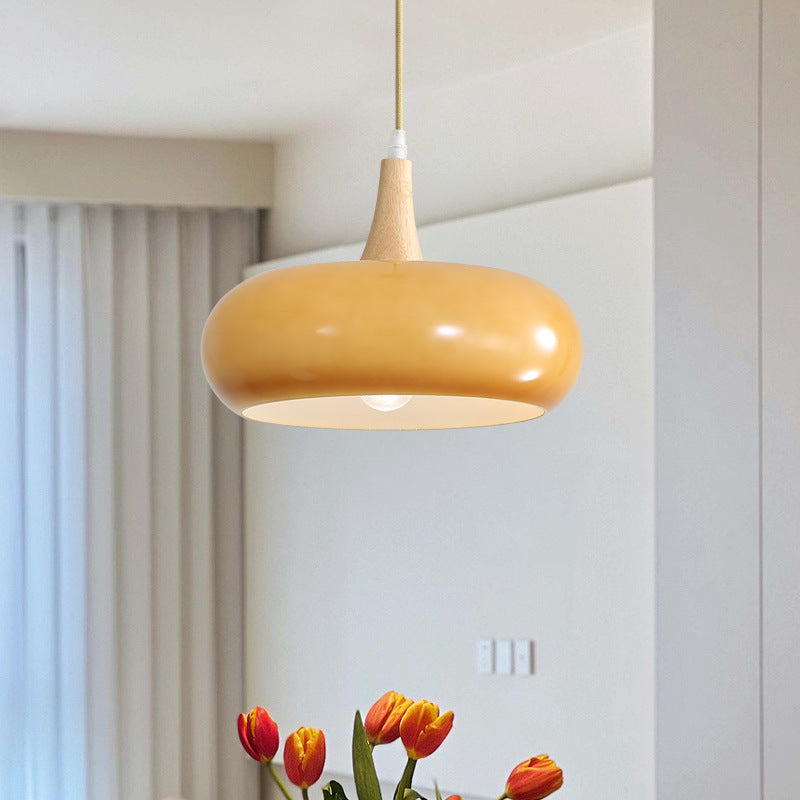 Traditional Japanese Drum Shape Wood Glass 1-Light Pendant Light For Dining Room