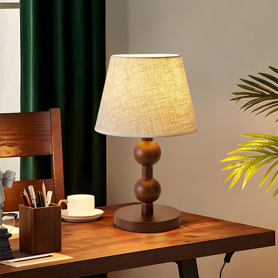 Contemporary Retro Wood Fabric Conical Shape Ball Column 1-Light Table Lamp For Bedroom