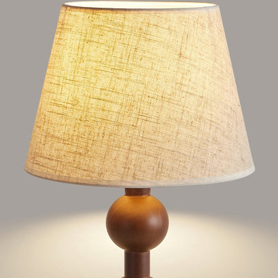 Contemporary Retro Wood Fabric Conical Shape Ball Column 1-Light Table Lamp For Bedroom