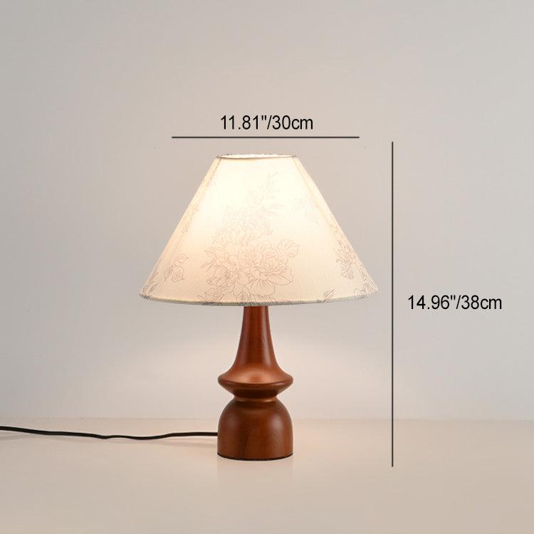 Contemporary Retro Pleated Conical Shade Flower Pattern Fabric Wood 1-Light Table Lamp For Bedroom