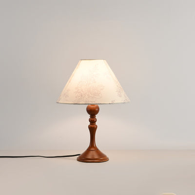 Contemporary Retro Pleated Conical Shade Flower Pattern Fabric Wood 1-Light Table Lamp For Bedroom