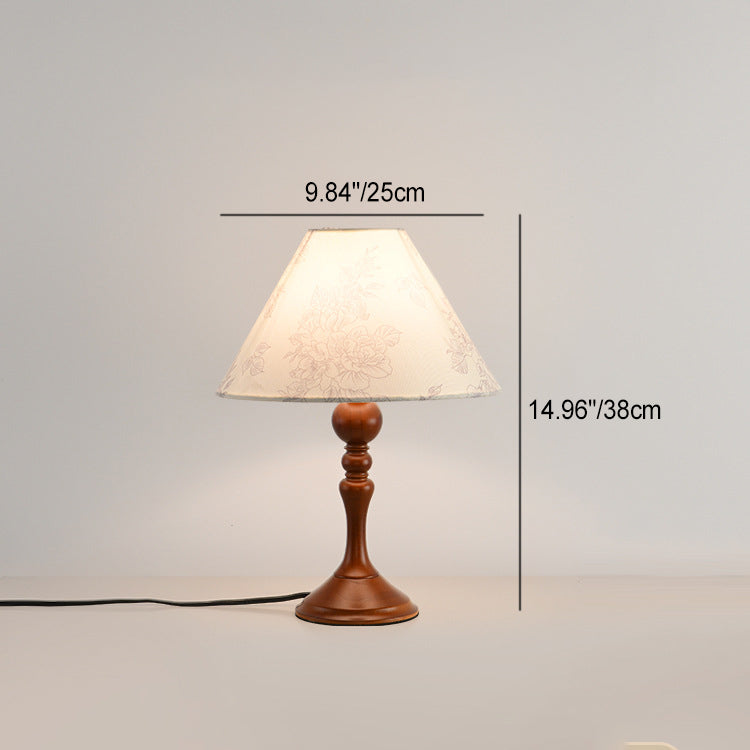 Contemporary Retro Pleated Conical Shade Flower Pattern Fabric Wood 1-Light Table Lamp For Bedroom