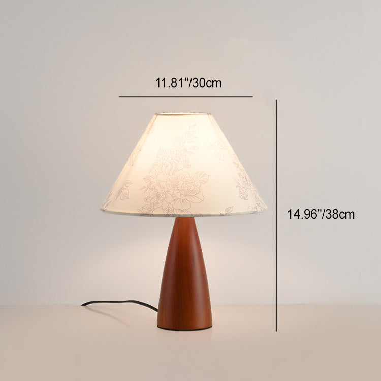 Contemporary Retro Pleated Conical Shade Flower Pattern Fabric Wood 1-Light Table Lamp For Bedroom