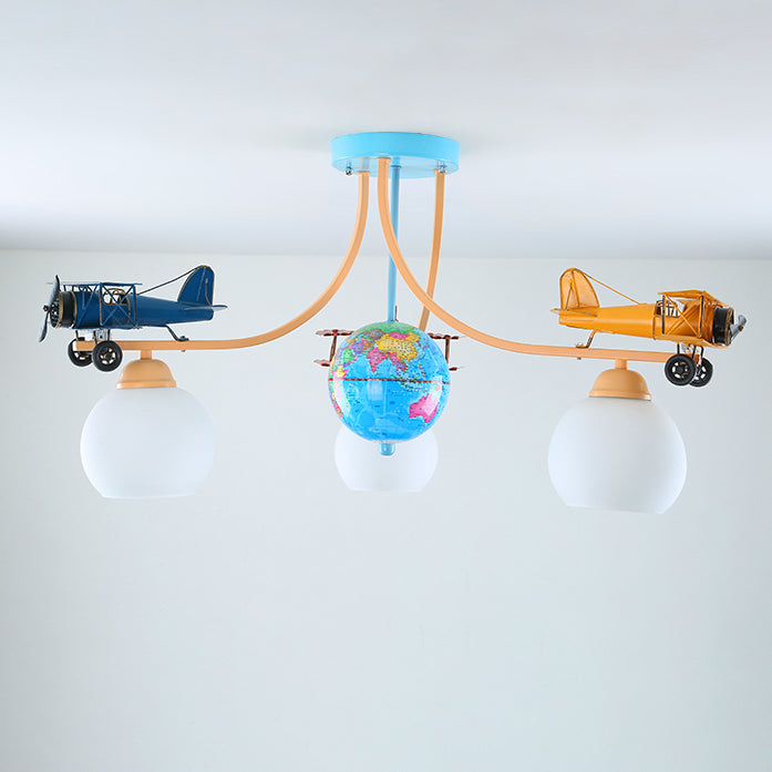 Contemporary Creative Kids Global Airplane Hardware Glass 3-Light Chandelier For Bedroom