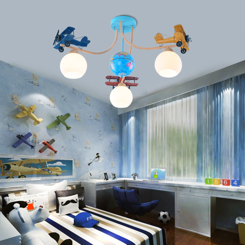 Contemporary Creative Kids Global Airplane Hardware Glass 3-Light Chandelier For Bedroom