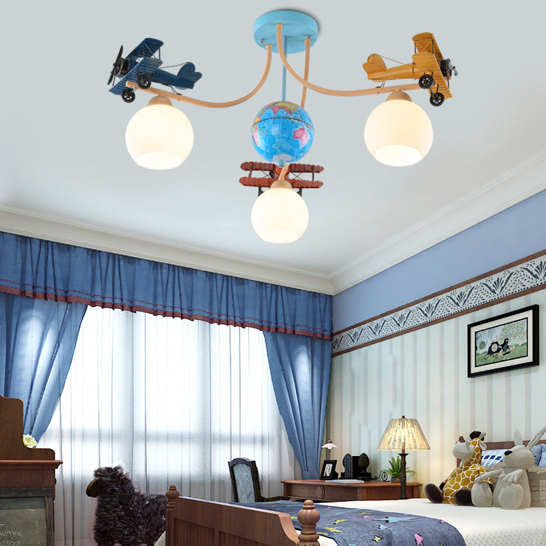 Contemporary Creative Kids Global Airplane Hardware Glass 3-Light Chandelier For Bedroom