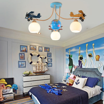 Contemporary Creative Kids Global Airplane Hardware Glass 3-Light Chandelier For Bedroom