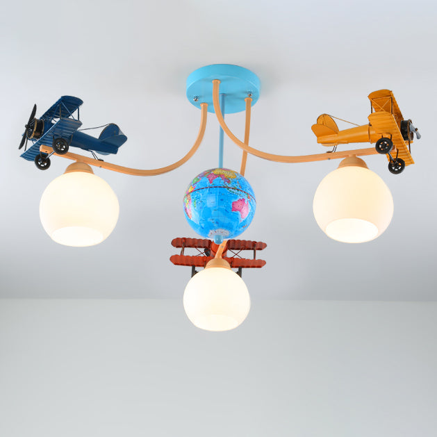 Contemporary Creative Kids Global Airplane Hardware Glass 3-Light Chandelier For Bedroom