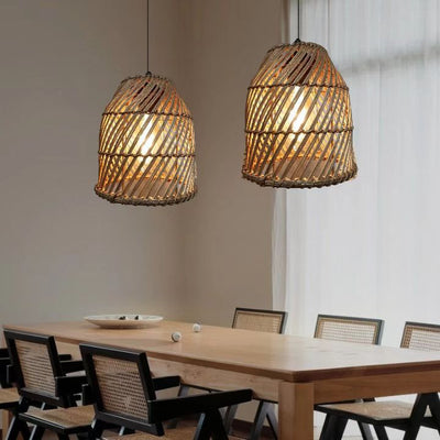 Contemporary Boho Weaving Rattan Dome 1-Light Pendant Light For Dining Room