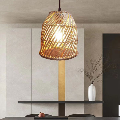 Contemporary Boho Weaving Rattan Dome 1-Light Pendant Light For Dining Room