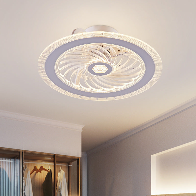 Contemporary Nordic Bluetooth Speaker Copper ABS Acrylic Round Flower Shape LED Semi-Flush Mount Ceiling Fan Light For Bedroom