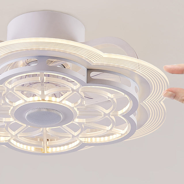 Contemporary Nordic Bluetooth Speaker Copper ABS Acrylic Round Flower Shape LED Semi-Flush Mount Ceiling Fan Light For Bedroom