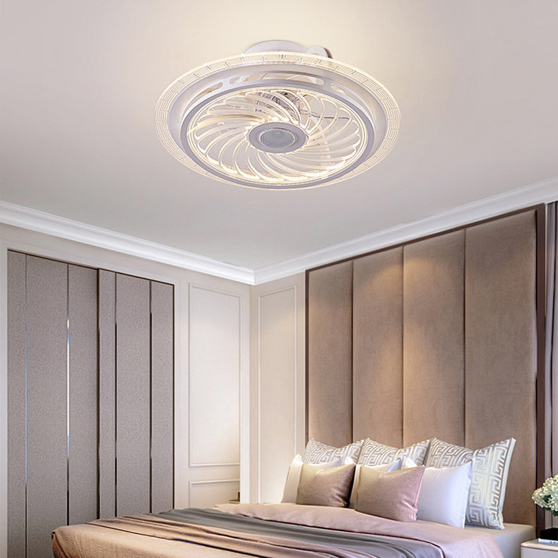 Contemporary Nordic Bluetooth Speaker Copper ABS Acrylic Round Flower Shape LED Semi-Flush Mount Ceiling Fan Light For Bedroom