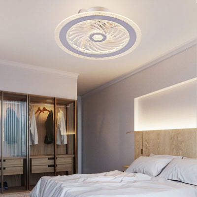 Contemporary Nordic Bluetooth Speaker Copper ABS Acrylic Round Flower Shape LED Semi-Flush Mount Ceiling Fan Light For Bedroom