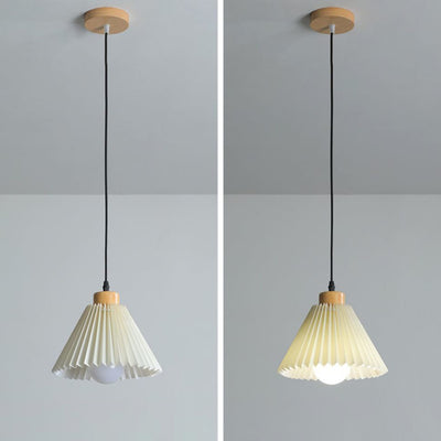 Traditional Japanese Pleated Cone Fabric Wood 1-Light Pendant Light For Living Room