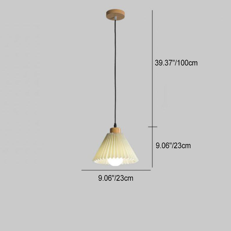 Traditional Japanese Pleated Cone Fabric Wood 1-Light Pendant Light For Living Room