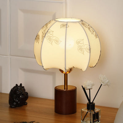 Traditional Chinese Dome Leaves Pattern Fabric Wood Iron 1-Light Table Lamp For Bedroom