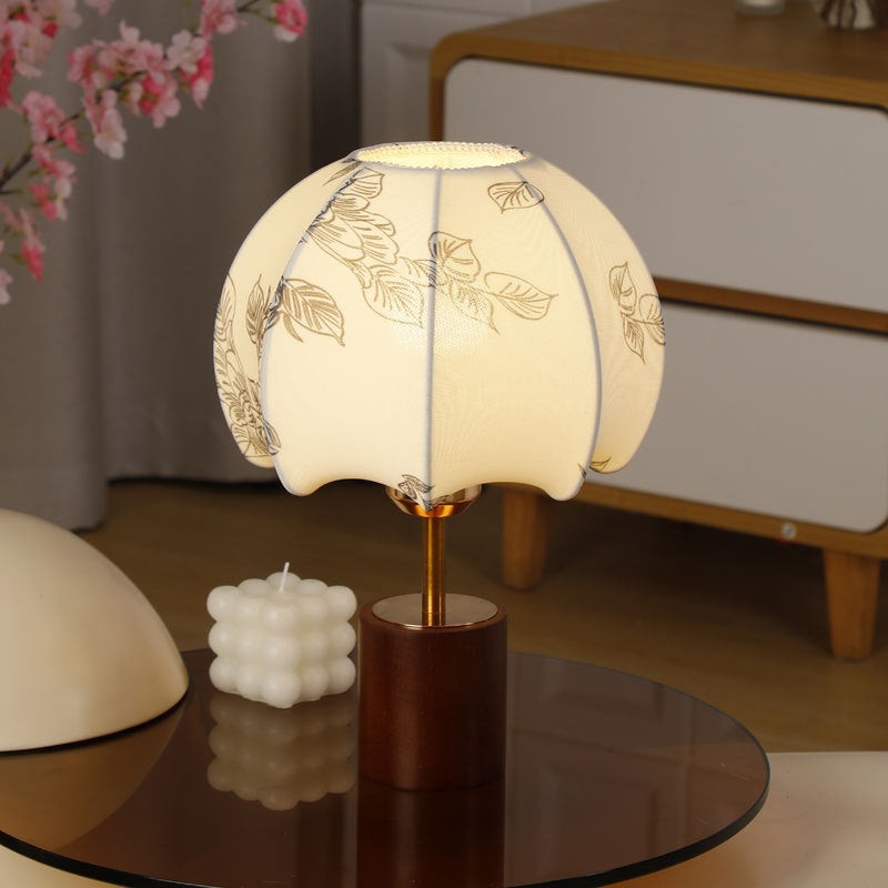 Traditional Chinese Dome Leaves Pattern Fabric Wood Iron 1-Light Table Lamp For Bedroom