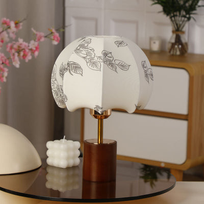 Traditional Chinese Dome Leaves Pattern Fabric Wood Iron 1-Light Table Lamp For Bedroom