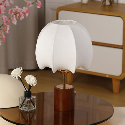 Traditional Chinese Dome Leaves Pattern Fabric Wood Iron 1-Light Table Lamp For Bedroom