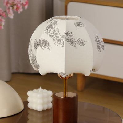 Traditional Chinese Dome Leaves Pattern Fabric Wood Iron 1-Light Table Lamp For Bedroom