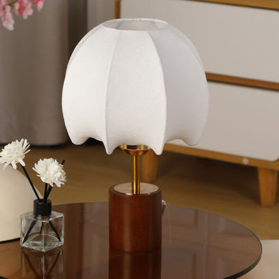 Traditional Chinese Dome Leaves Pattern Fabric Wood Iron 1-Light Table Lamp For Bedroom