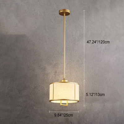 Traditional Chinese Drum Cylinder Iron Brass Fabric 1-Light Pendant Light For Bedroom