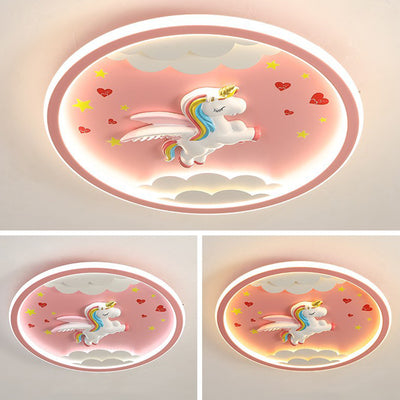 Contemporary Creative Kids Cartoon Airplane Unicorn Iron Acrylic Resin LED Flush Mount Ceiling Light For Bedroom