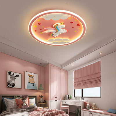 Contemporary Creative Kids Cartoon Airplane Unicorn Iron Acrylic Resin LED Flush Mount Ceiling Light For Bedroom