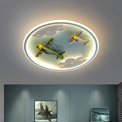 Contemporary Creative Kids Cartoon Airplane Unicorn Iron Acrylic Resin LED Flush Mount Ceiling Light For Bedroom