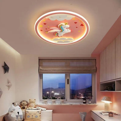 Contemporary Creative Kids Cartoon Airplane Unicorn Iron Acrylic Resin LED Flush Mount Ceiling Light For Bedroom