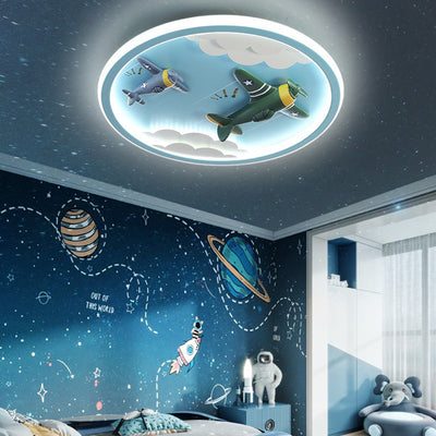 Contemporary Creative Kids Cartoon Airplane Unicorn Iron Acrylic Resin LED Flush Mount Ceiling Light For Bedroom