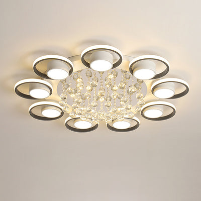 Modern Luxury Circular Triangle Round Crystal Shade Iron Acrylic LED Semi-Flush Mount Ceiling Light For Living Room