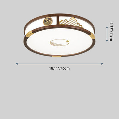 Traditional Chinese Round Square Rectangular Wood Acrylic LED Flush Mount Ceiling Light For Living Room