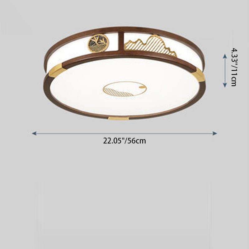 Traditional Chinese Round Square Rectangular Wood Acrylic LED Flush Mount Ceiling Light For Living Room