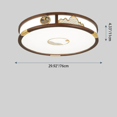 Traditional Chinese Round Square Rectangular Wood Acrylic LED Flush Mount Ceiling Light For Living Room