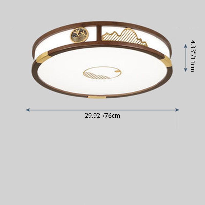 Traditional Chinese Round Square Rectangular Wood Acrylic LED Flush Mount Ceiling Light For Living Room