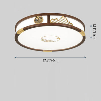 Traditional Chinese Round Square Rectangular Wood Acrylic LED Flush Mount Ceiling Light For Living Room