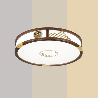 Traditional Chinese Round Square Rectangular Wood Acrylic LED Flush Mount Ceiling Light For Living Room