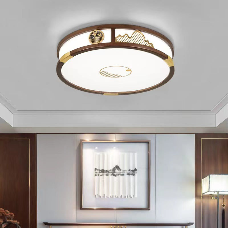 Traditional Chinese Round Square Rectangular Wood Acrylic LED Flush Mount Ceiling Light For Living Room