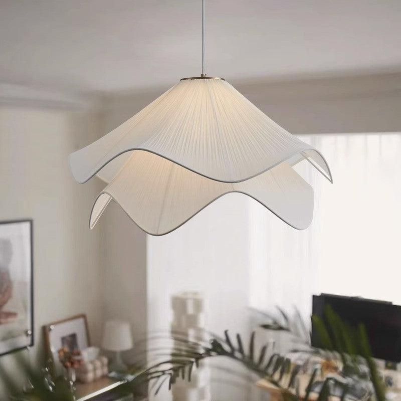 Traditional French Cream Petal Fabric Iron 1-Light Pendant Light For Living Room