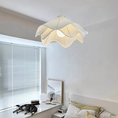 Traditional French Cream Petal Fabric Iron 1-Light Pendant Light For Living Room