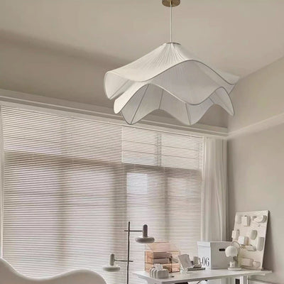 Traditional French Cream Petal Fabric Iron 1-Light Pendant Light For Living Room