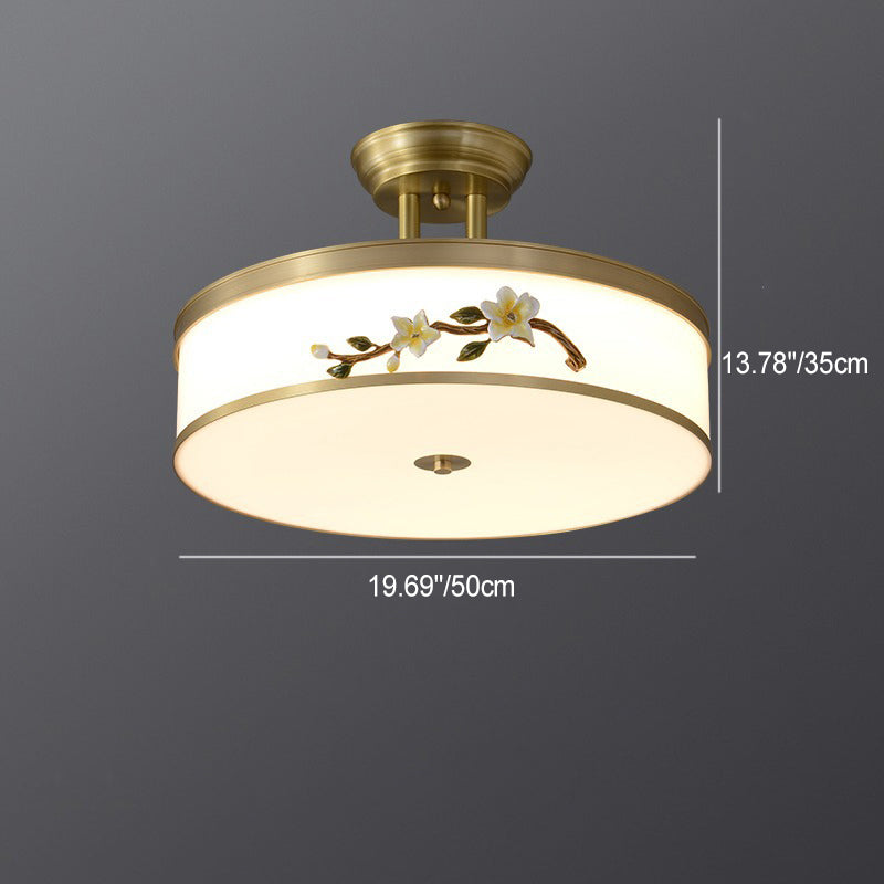 Traditional Chinese Brass Ceramic Plum Blossom Drum Shape Acrylic LED Semi-Flush Mount Ceiling Light For Bedroom