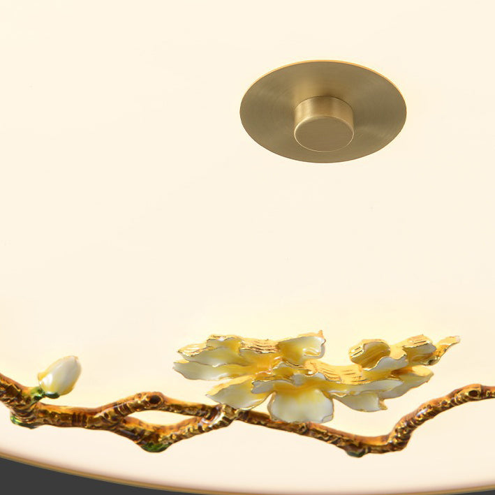 Traditional Chinese Brass Ceramic Plum Blossom Drum Shape Acrylic LED Semi-Flush Mount Ceiling Light For Bedroom