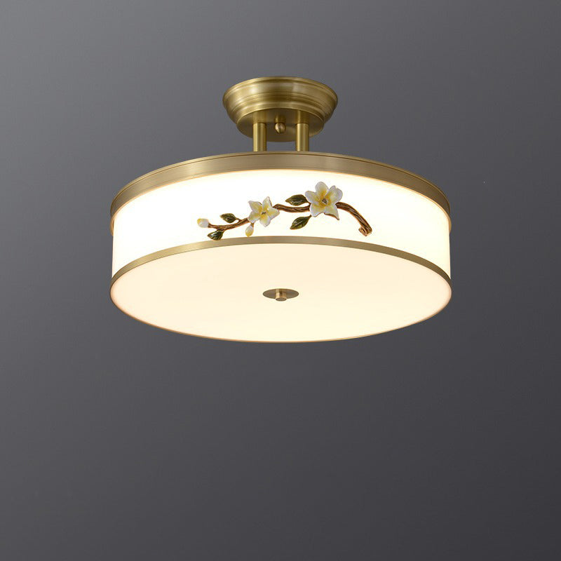 Traditional Chinese Brass Ceramic Plum Blossom Drum Shape Acrylic LED Semi-Flush Mount Ceiling Light For Bedroom