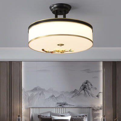 Traditional Chinese Brass Ceramic Plum Blossom Drum Shape Acrylic LED Semi-Flush Mount Ceiling Light For Bedroom